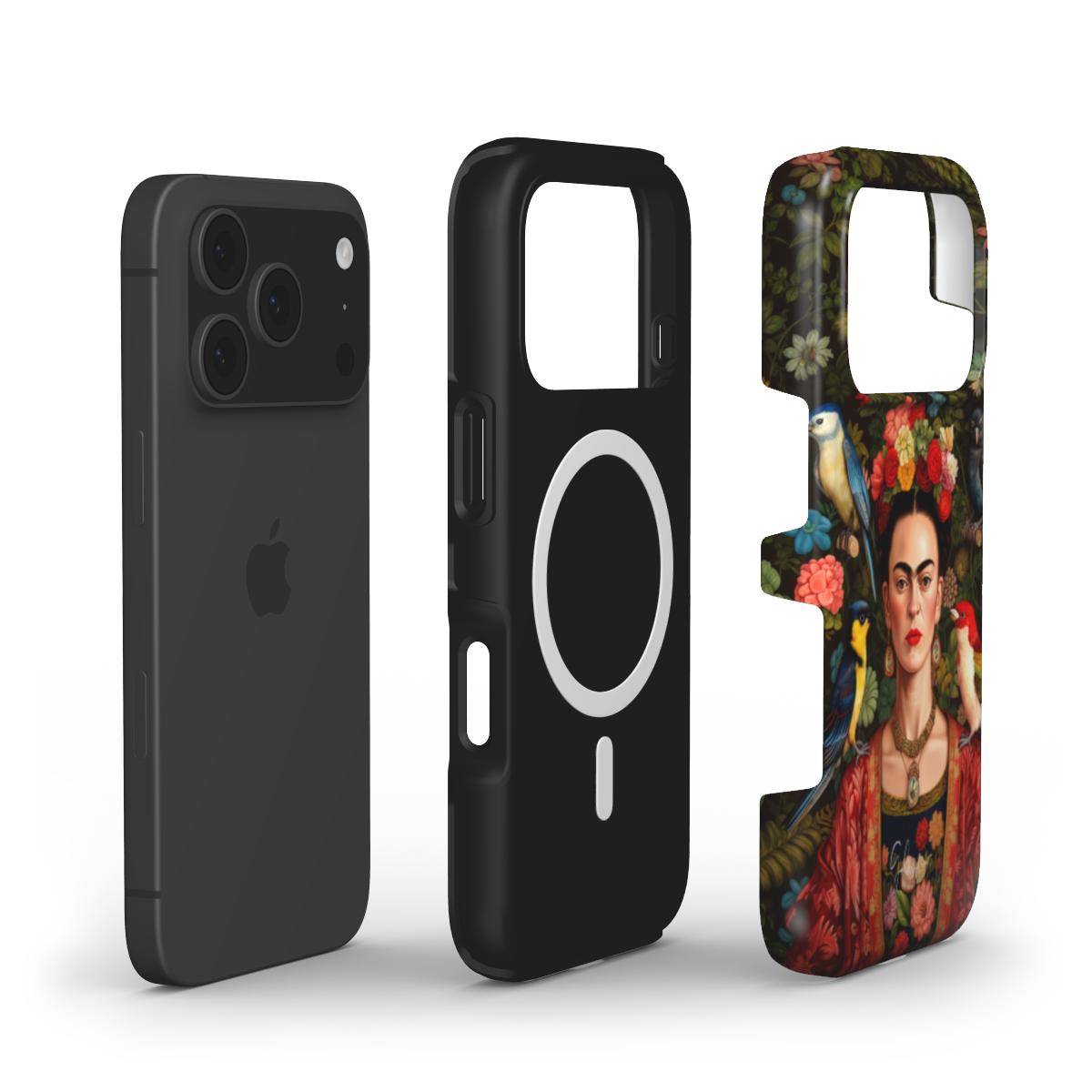 Frida Kahlo Inspired Portrait with Birds and Flowers MagSafe iPhone Case