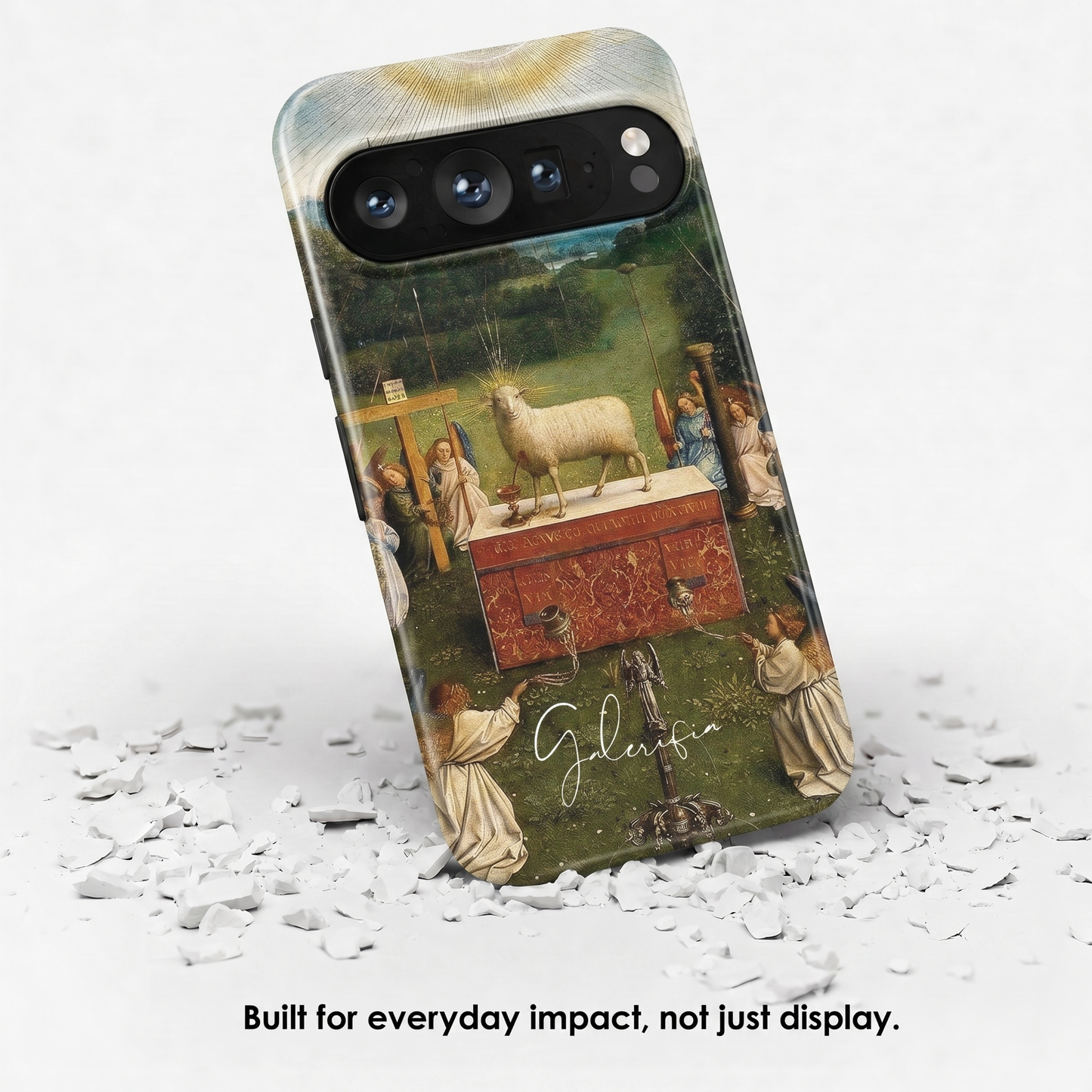 Angled view of Adoration of the Mystic Lamb by Jan van Eyck tough Google Pixel case