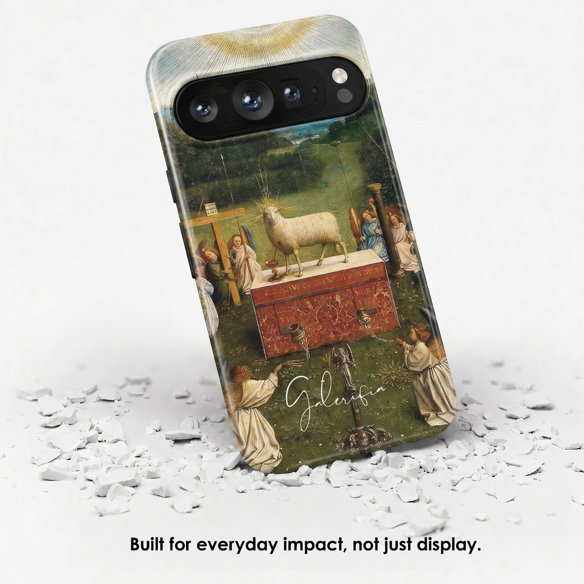 Angled view of Adoration of the Mystic Lamb by Jan van Eyck tough Google Pixel case