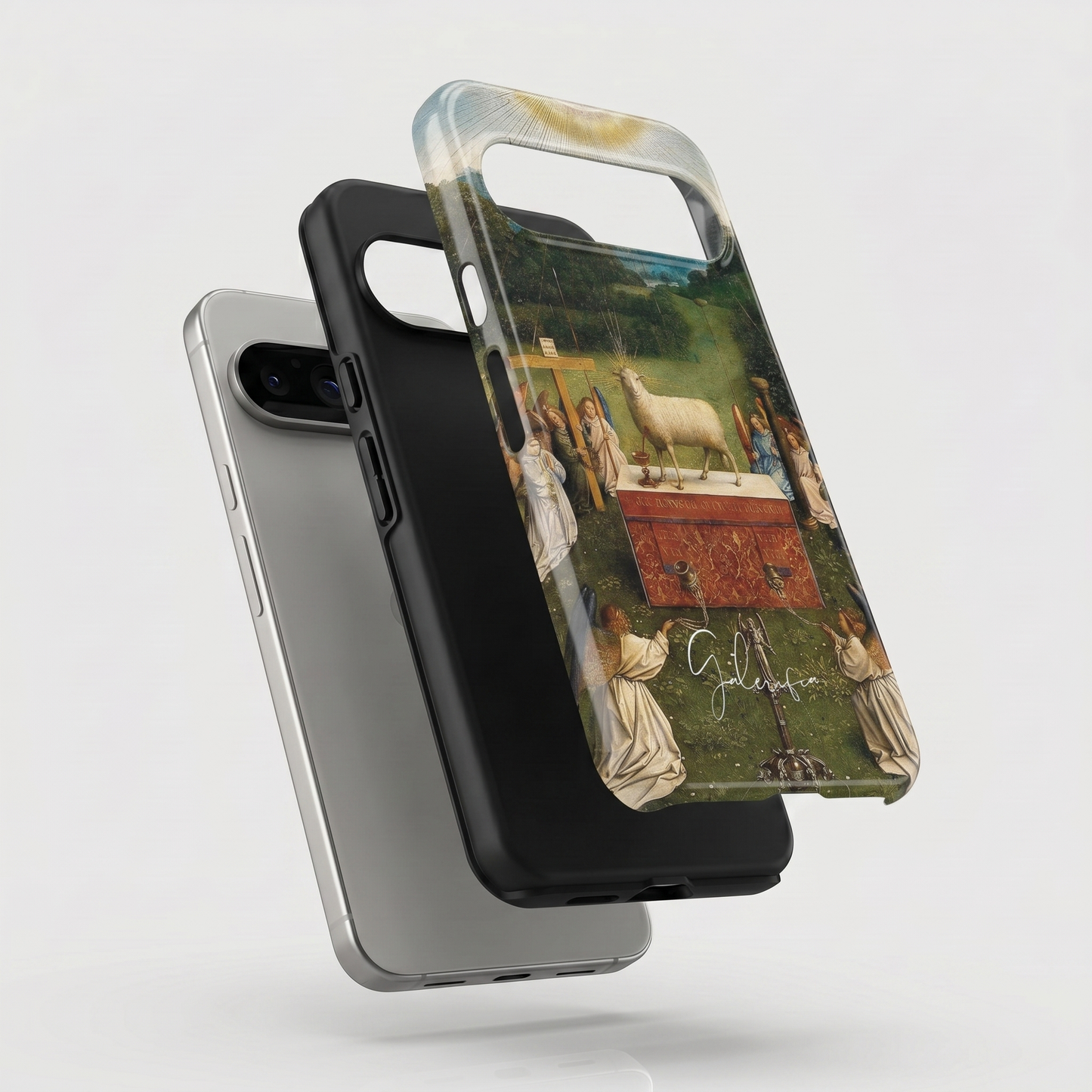 Exploded view of tough Google Pixel case featuring Adoration of the Mystic Lamb by Jan van Eyck artwork