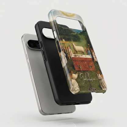 Exploded view of tough Google Pixel case featuring Adoration of the Mystic Lamb by Jan van Eyck artwork