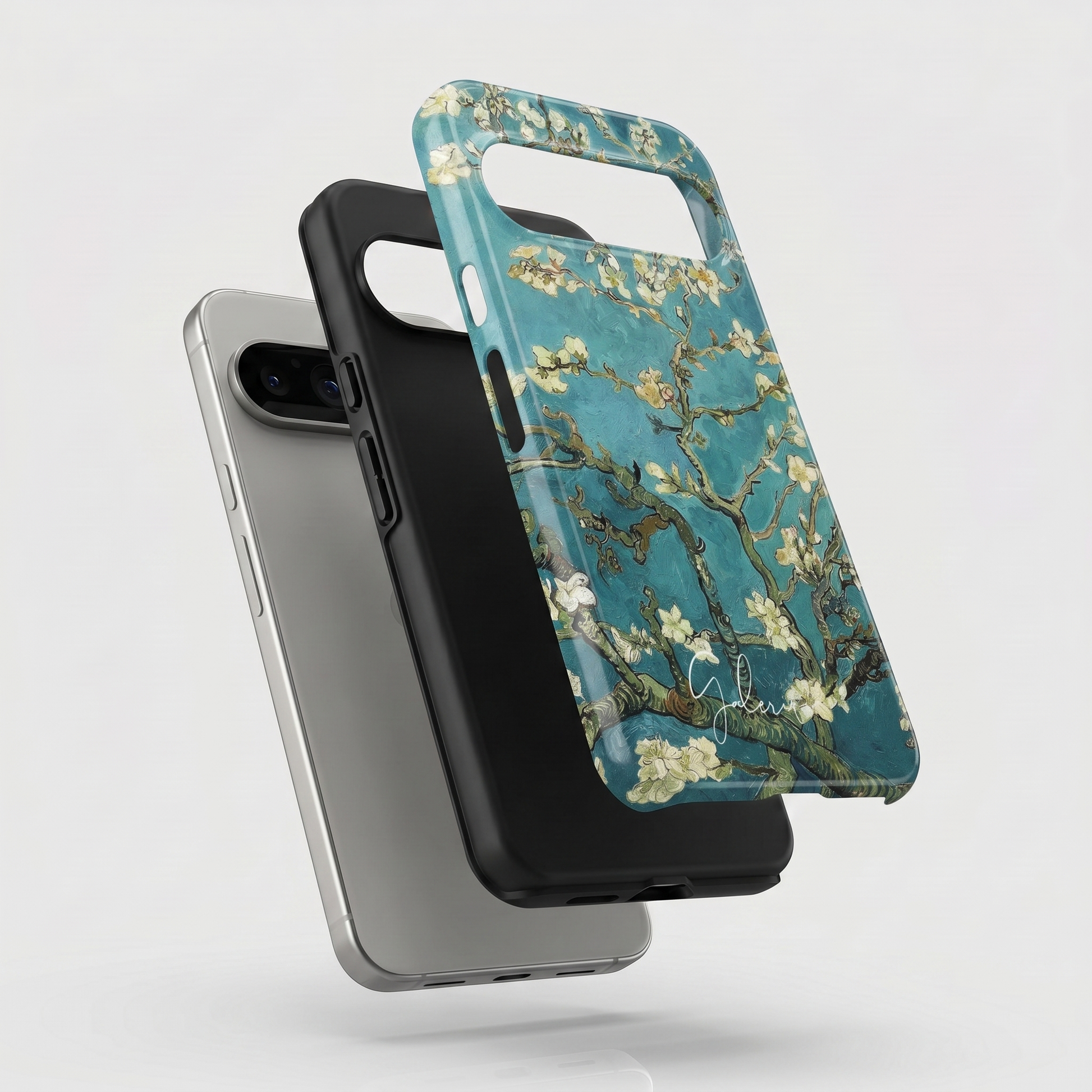 Exploded view of tough Google Pixel case featuring Almond Blossom by Vincent van Gogh artwork