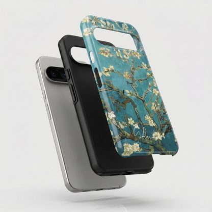 Exploded view of tough Google Pixel case featuring Almond Blossom by Vincent van Gogh artwork