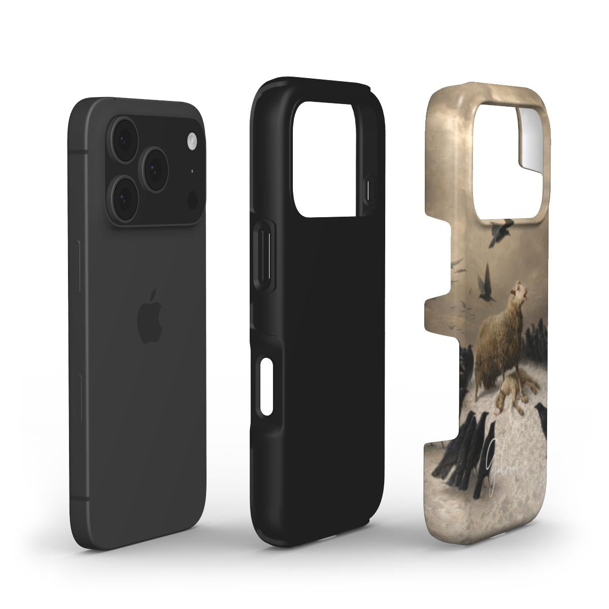 Exploded view of Galerifia tough iPhone case featuring Anguish by August Friedrich Schenck with dual layer protective construction.