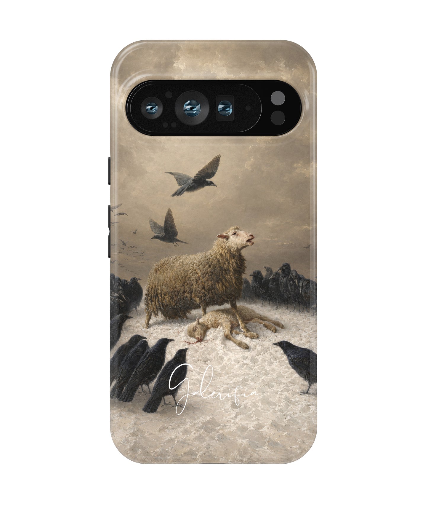 Front view of Anguish by August Friedrich Schenck fine art Google Pixel case featuring ravens and sheep artwork by Galerifia.