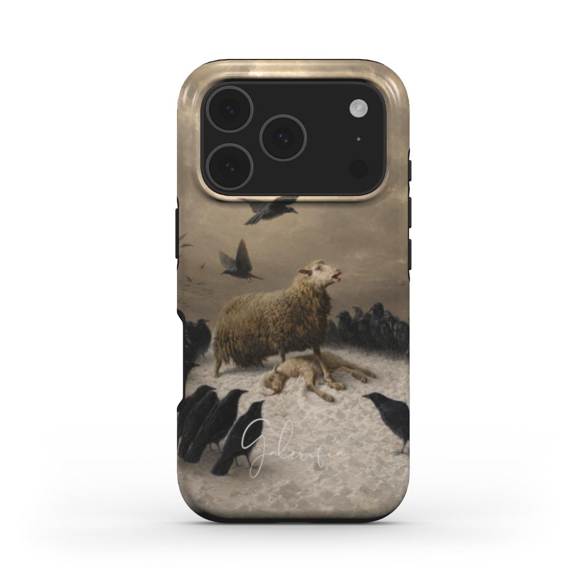 Front view of Anguish by August Friedrich Schenck fine art iPhone case featuring ravens and sheep artwork by Galerifia.