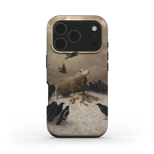 Front view of Anguish by August Friedrich Schenck fine art iPhone case featuring ravens and sheep artwork by Galerifia.