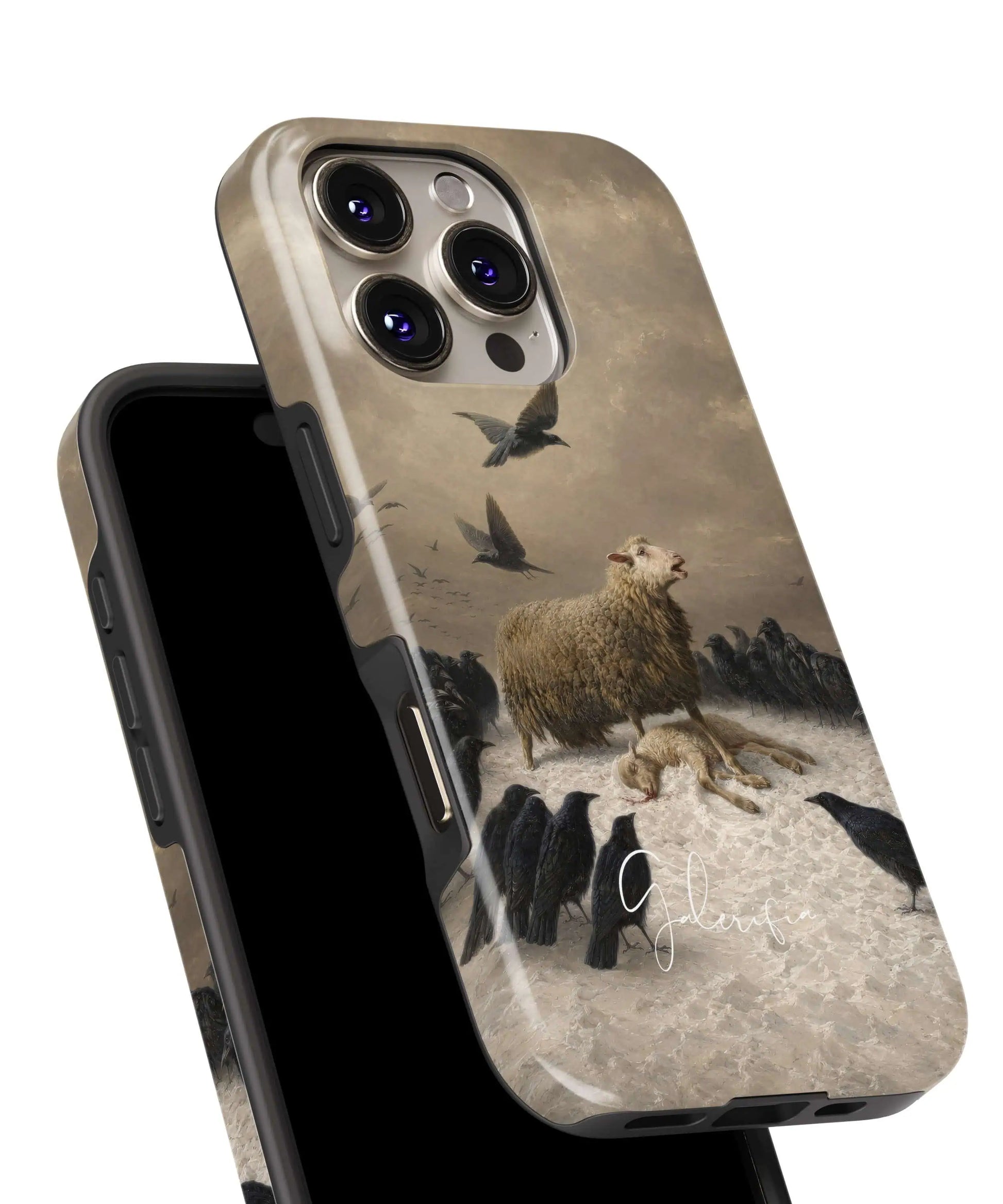Glossy close-up of Anguish by August Friedrich Schenck art iPhone case showing detailed raven and sheep painting by Galerifia.