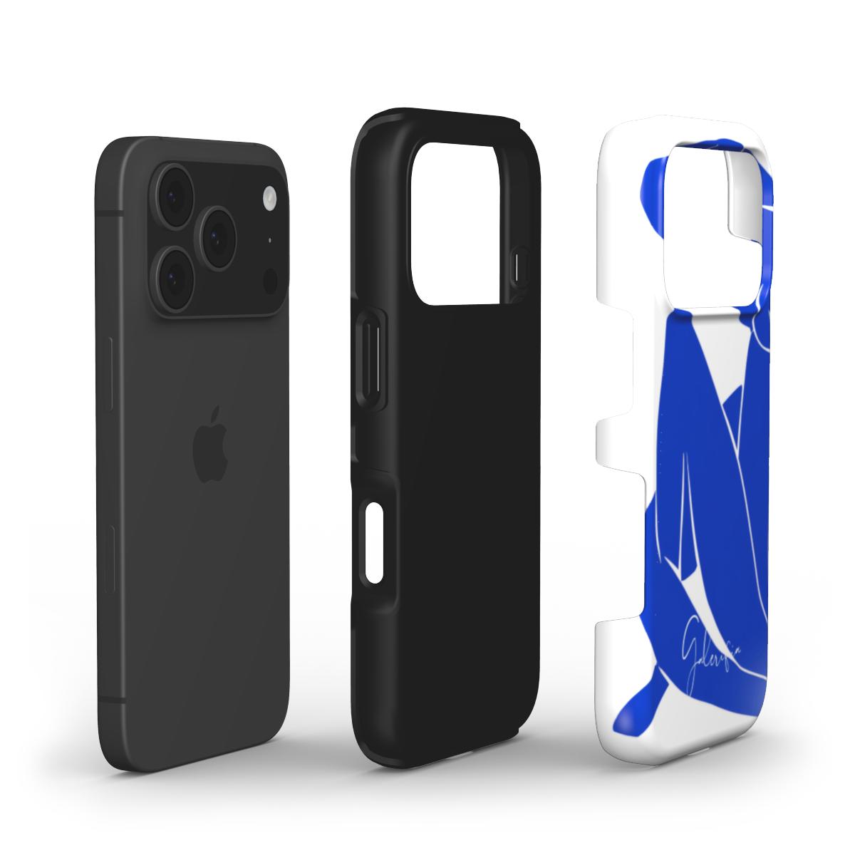 Exploded view of Galerifia tough iPhone case featuring Blue Nude II by Henri Matisse with dual layer protective construction.