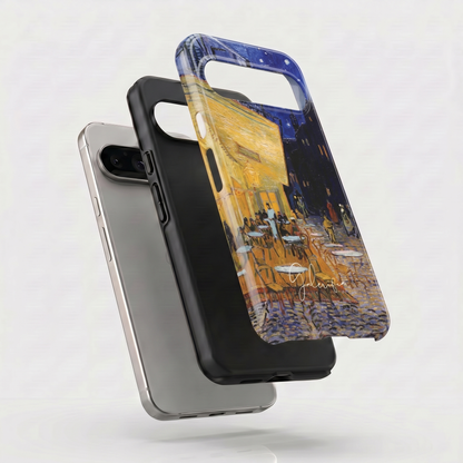 Exploded view of tough Google Pixel case featuring Café Terrace at Night by Vincent van Gogh artwork