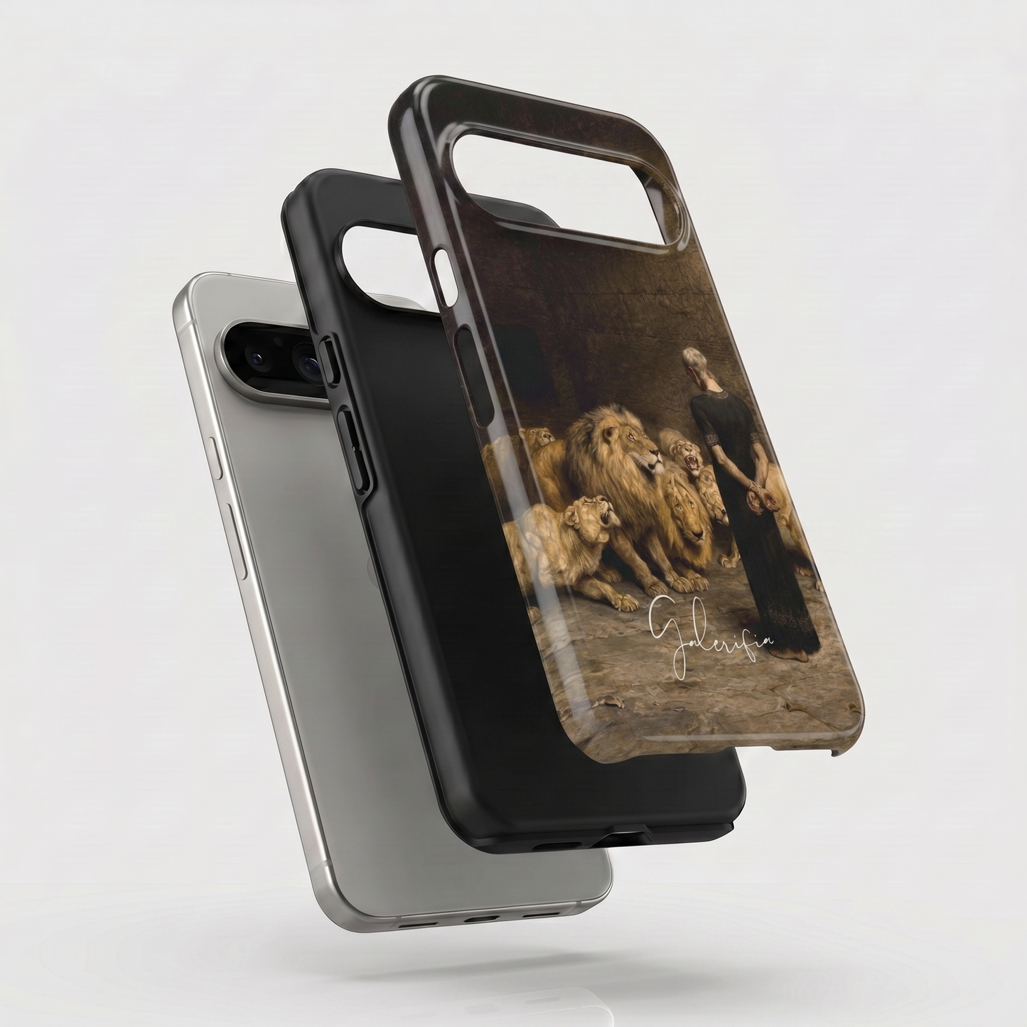 Exploded view of tough Google Pixel case featuring Daniel in the Lions' Den by Briton Rivière artwork
