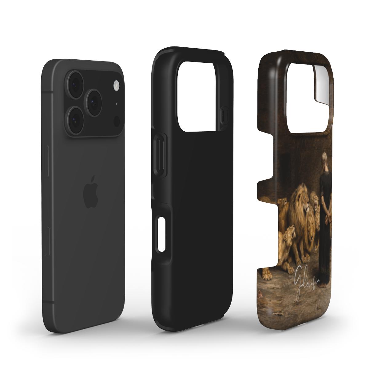 Exploded view of Galerifia tough iPhone case featuring Daniel in the Lions' Den by Briton Rivière with dual layer protective construction.