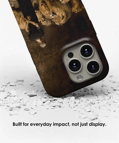 Protective tough iPhone case featuring Daniel in the Lions' Den by Briton Rivière displayed with impact resistant design by Galerifia.