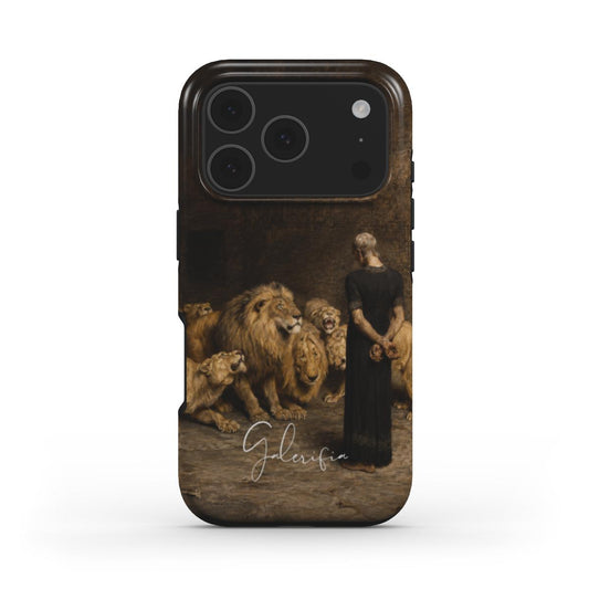 Front view of Daniel in the Lions' Den by Briton Rivière fine art iPhone case featuring dramatic biblical artwork by Galerifia.