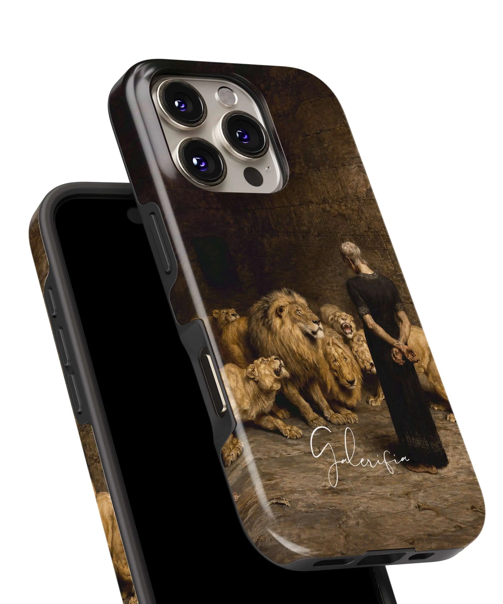 Glossy close-up of Daniel in the Lions' Den by Briton Rivière art iPhone case showing detailed lions and dramatic lighting by Galerifia.
