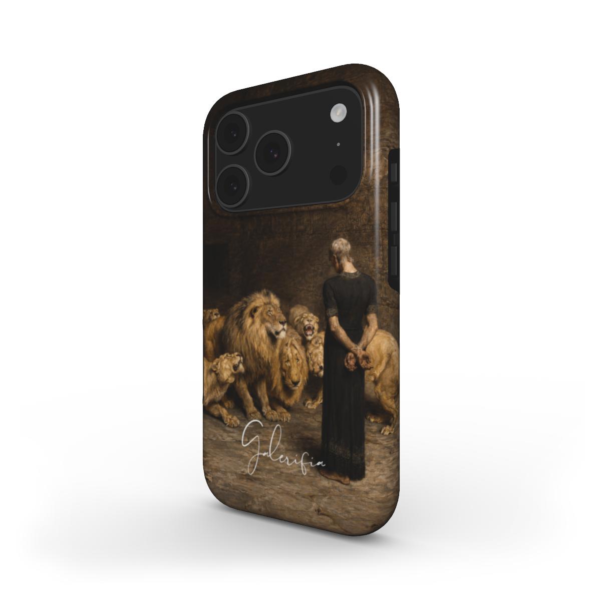 Side angle product render of Daniel in the Lions' Den by Briton Rivière printed on a premium tough iPhone case by Galerifia.