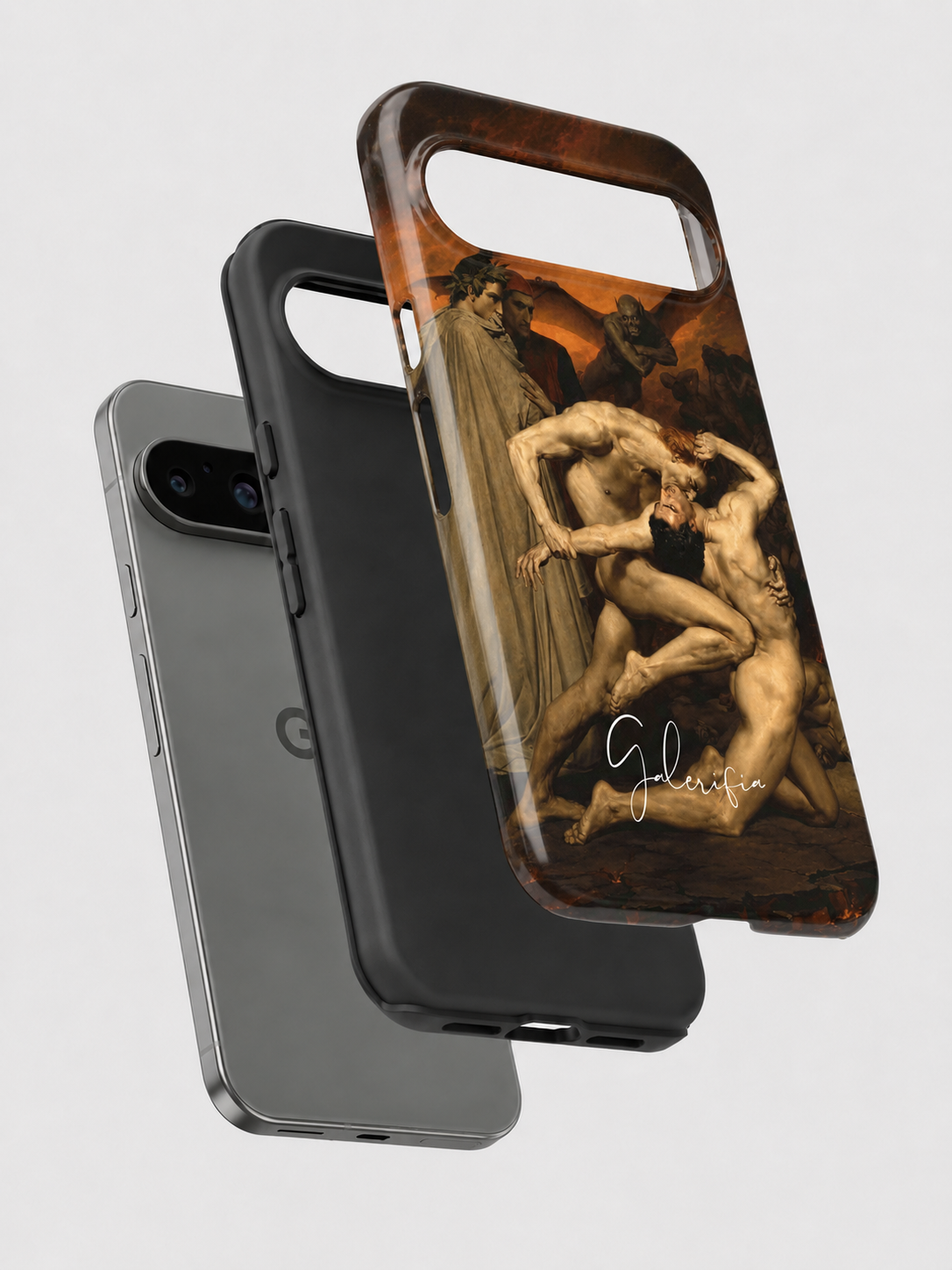 Exploded view of tough Google Pixel case featuring Dante and Virgil in Hell by William-Adolphe Bouguereau artwork