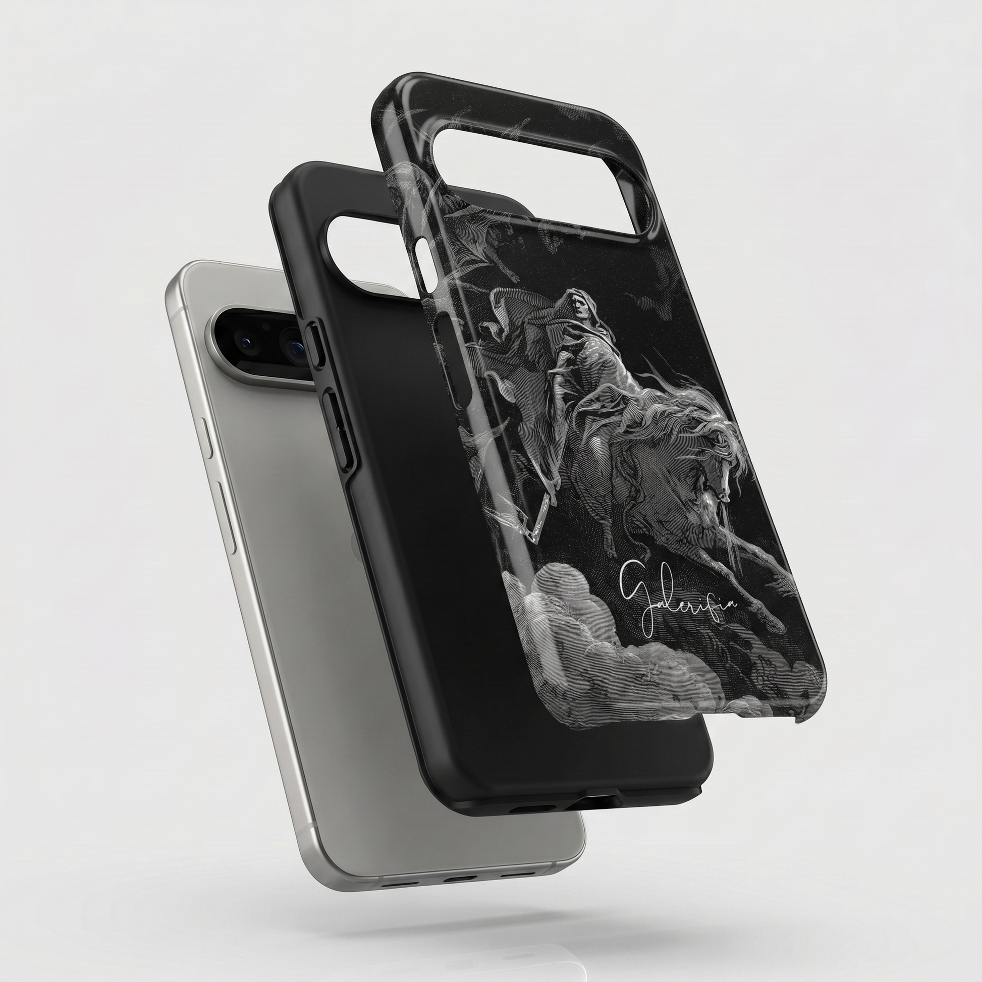 Exploded view of tough Google Pixel case featuring Death on the Pale Horse by Gustave Doré artwork