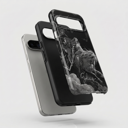 Exploded view of tough Google Pixel case featuring Death on the Pale Horse by Gustave Doré artwork