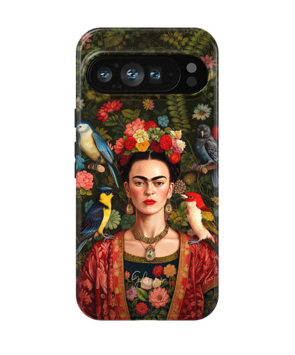 Frida Kahlo Inspired Portrait with Birds and Flowers Google Pixel Case