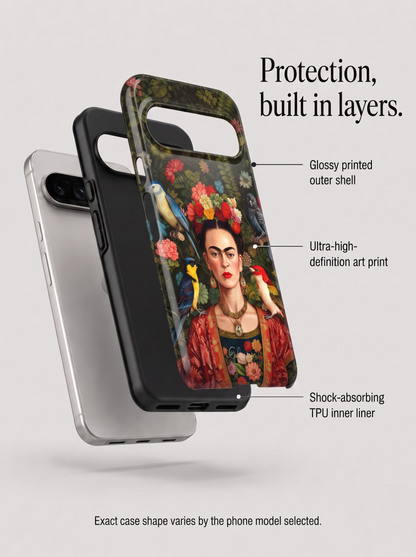 Frida Kahlo Inspired Portrait with Birds and Flowers Google Pixel Case