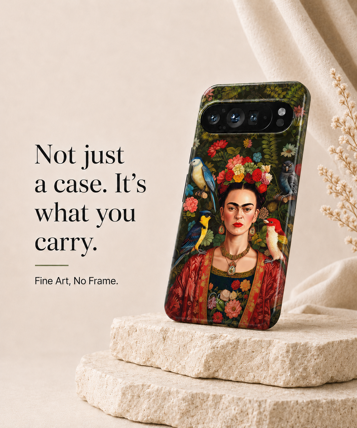 Frida Kahlo Inspired Portrait with Birds and Flowers Google Pixel Case