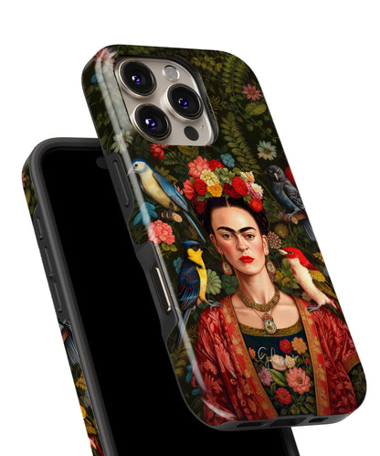 Frida Kahlo Inspired Portrait with Birds and Flowers MagSafe iPhone Case