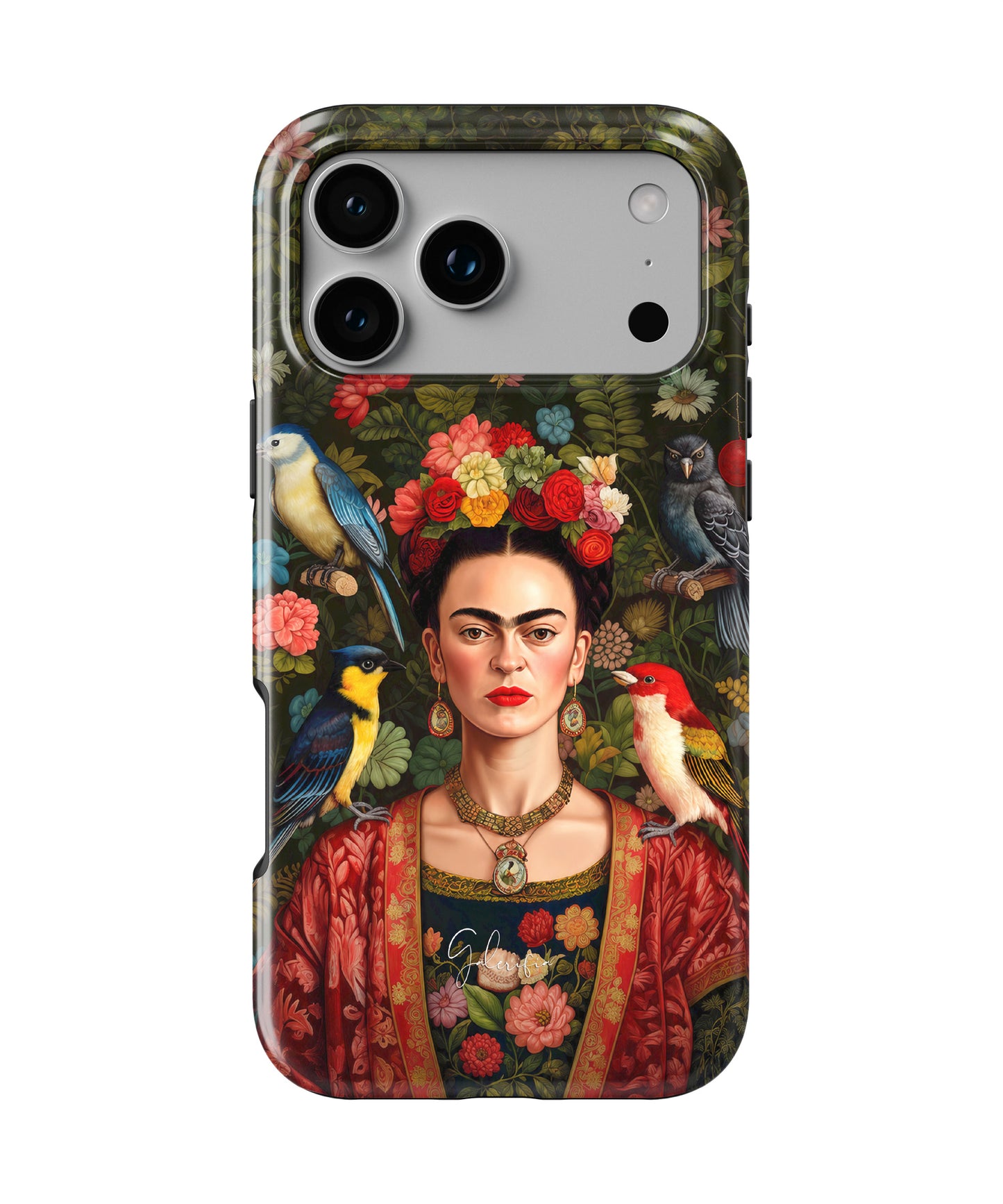 Frida Kahlo Inspired Portrait with Birds and Flowers MagSafe iPhone Case
