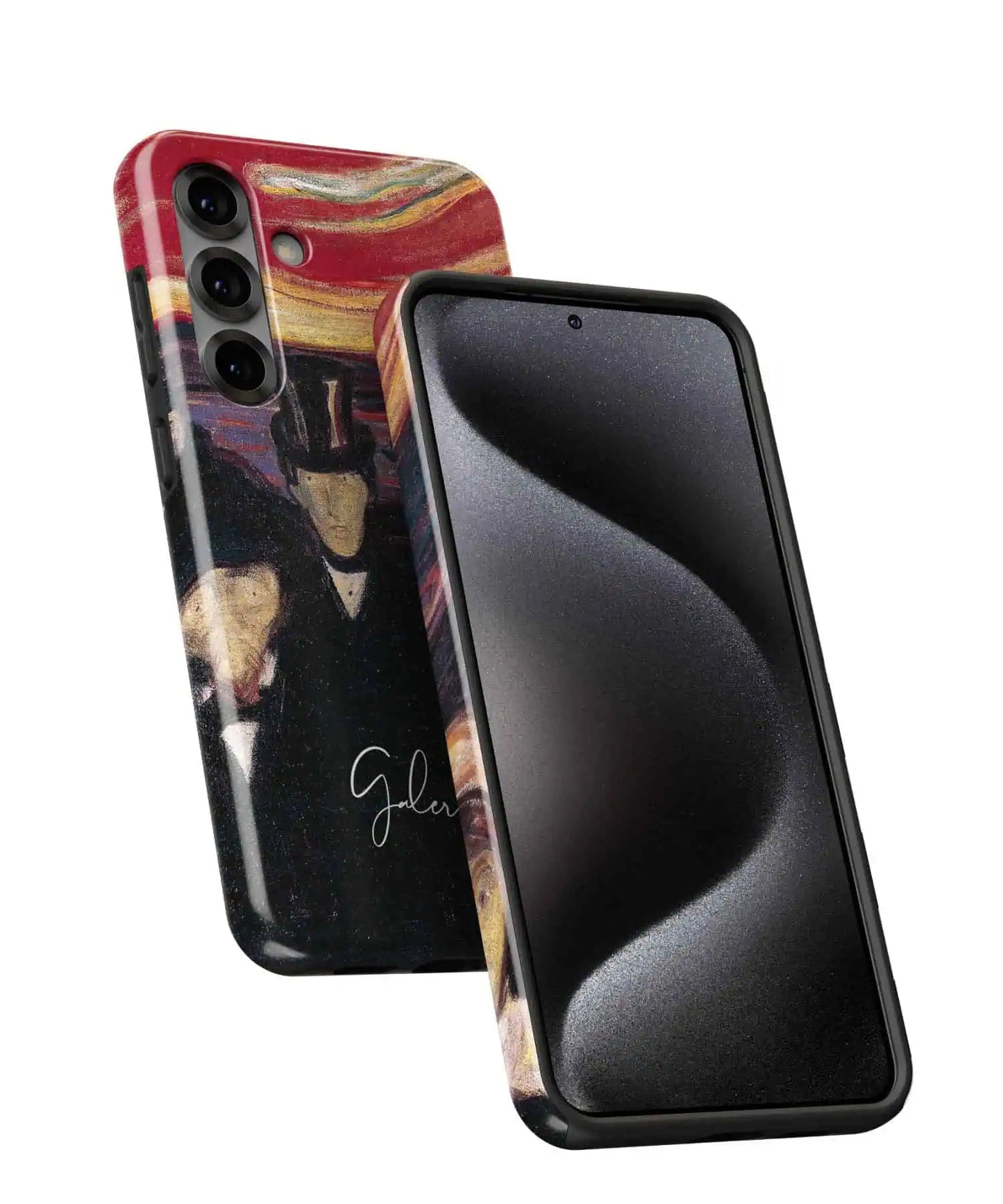 Angled front and back view of Galerifia Anxiety by Edvard Munch on a Samsung Galaxy phone case