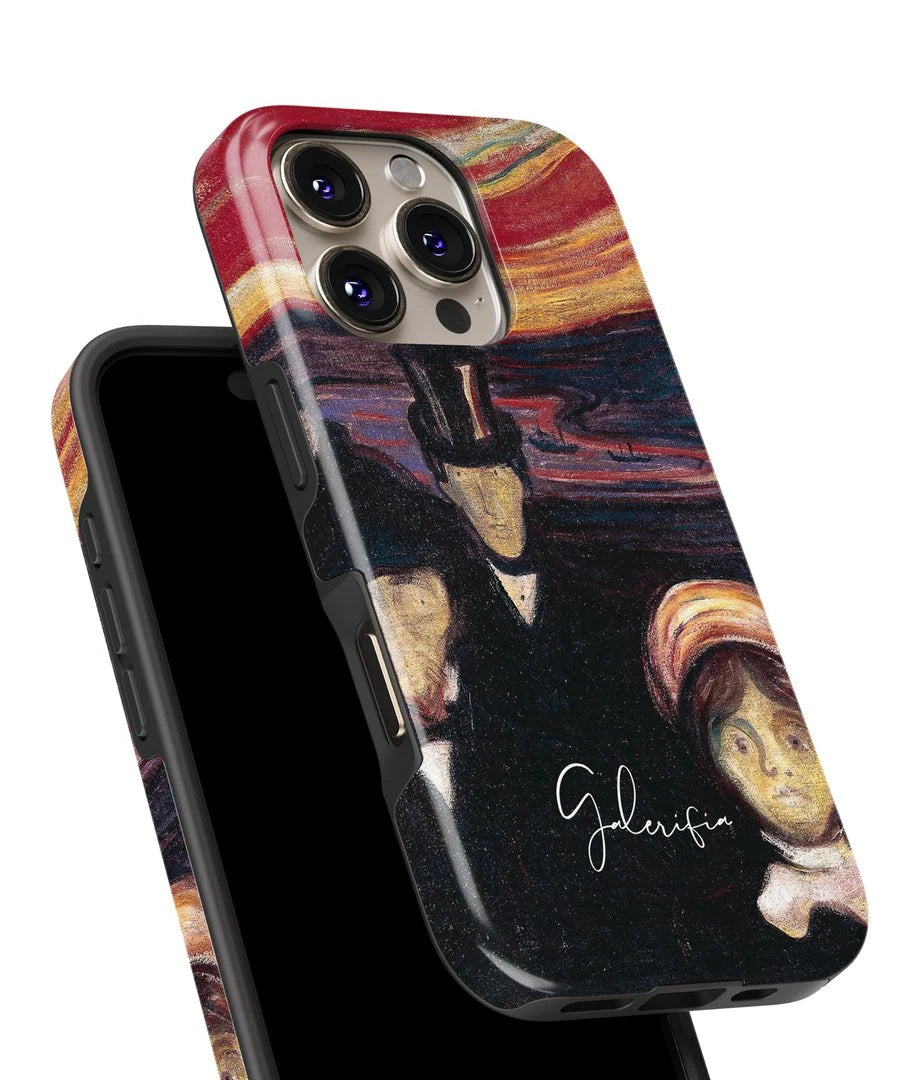 Angled view of Galerifia Anxiety by Edvard Munch artwork on an iPhone phone case