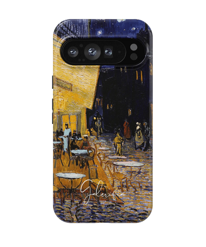 Galerifia Café Terrace at Night by Vincent van Gogh displayed on a Google Pixel 9 Pro phone case with camera cutout visible