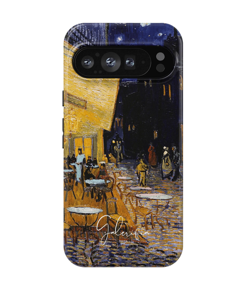 Galerifia Café Terrace at Night by Vincent van Gogh displayed on a Google Pixel 9 Pro phone case with camera cutout visible