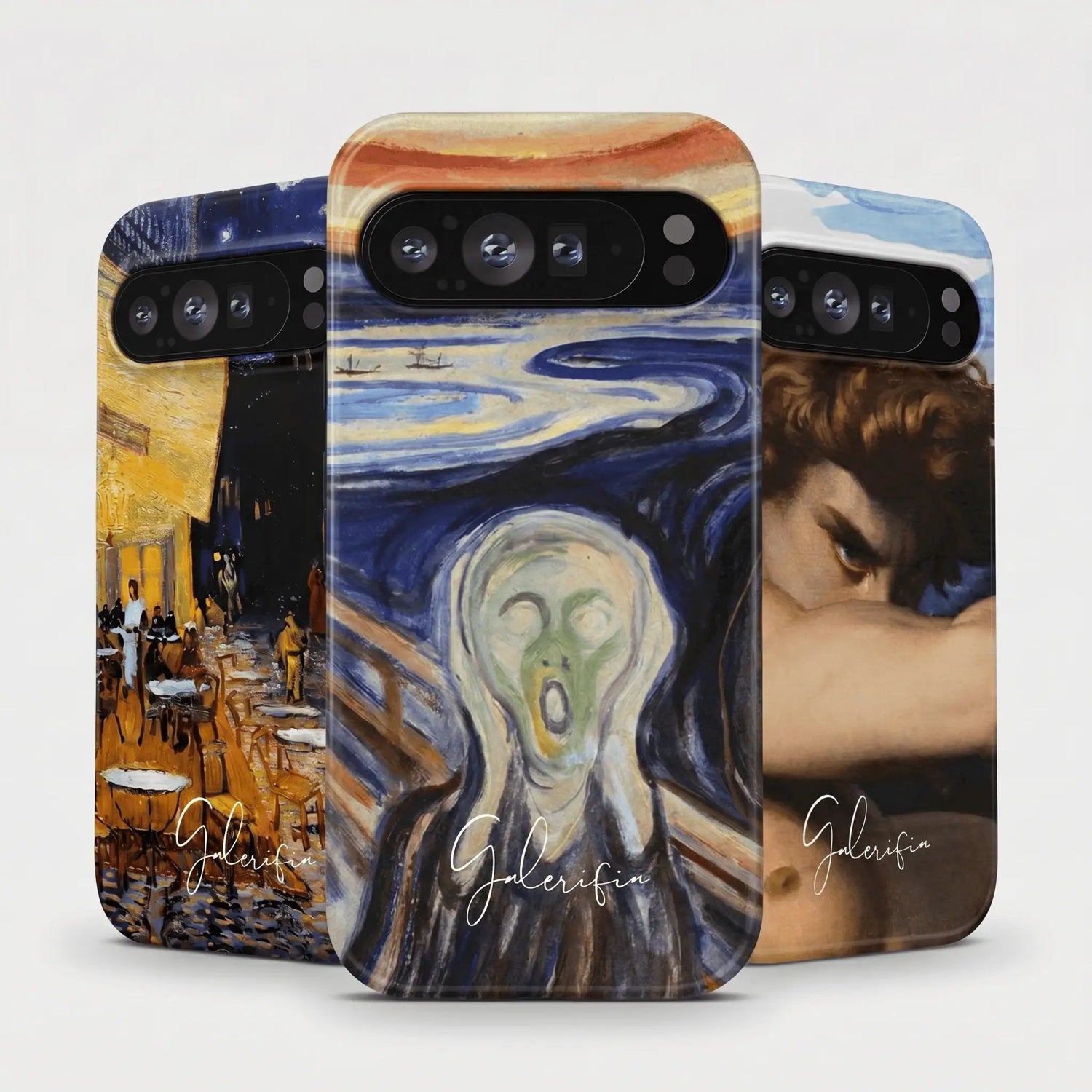 Galerifia Google Pixel phone cases featuring classic artworks including The Scream and café terrace painting designs