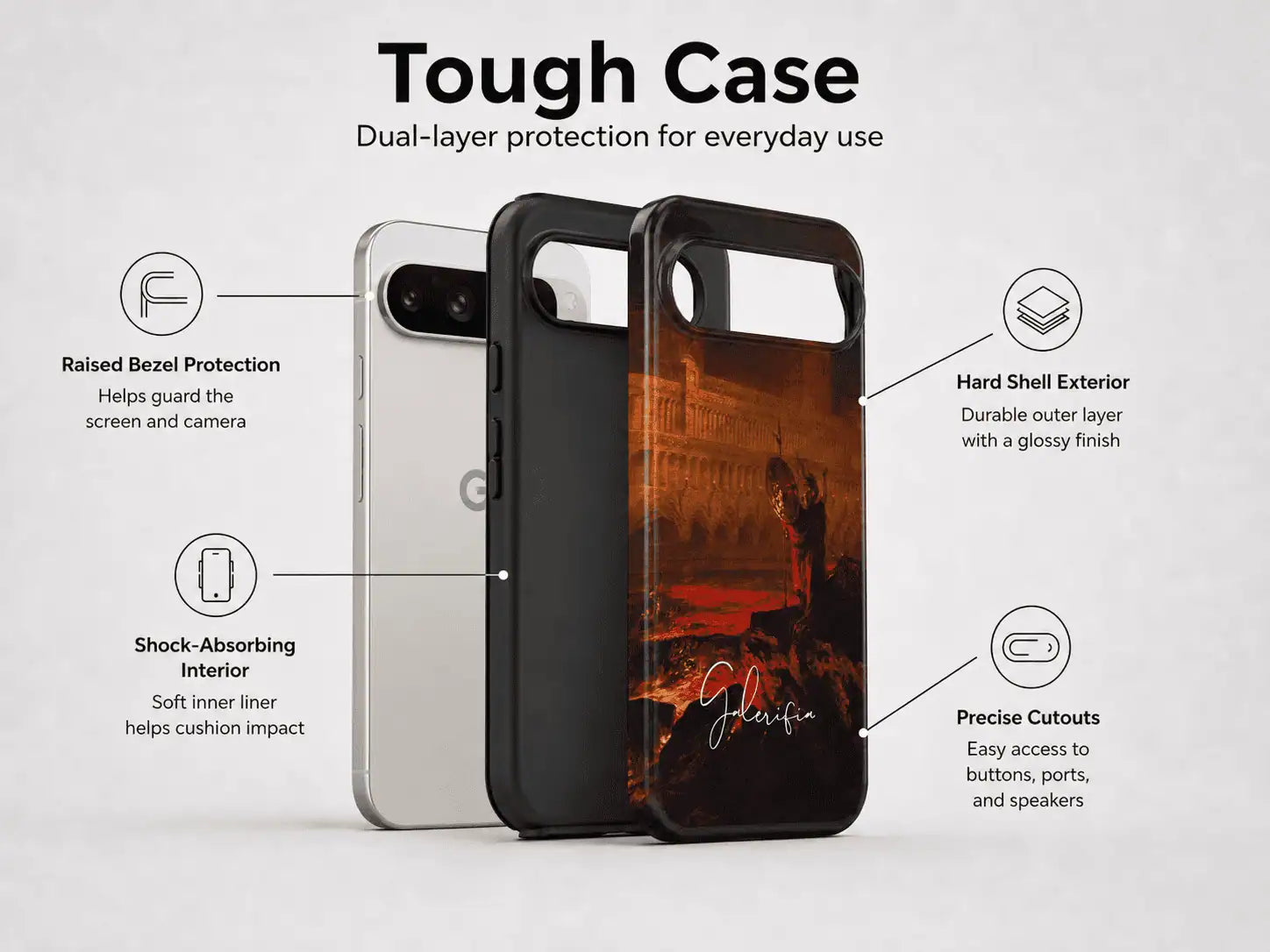 Google Pixel tough case with dual layer protection featuring shock absorbing interior and hard outer shell