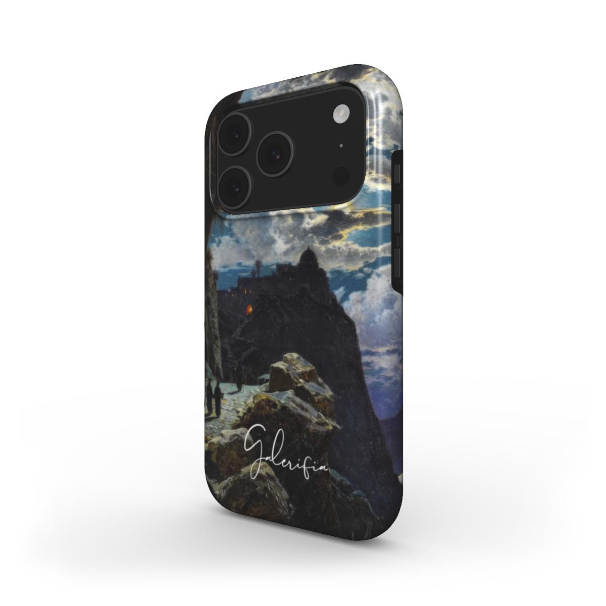 Side profile of Galerifia Nightly Walk of the Monks to the Mount Athos Hermann Corrodi iPhone phone cover showing protective edges