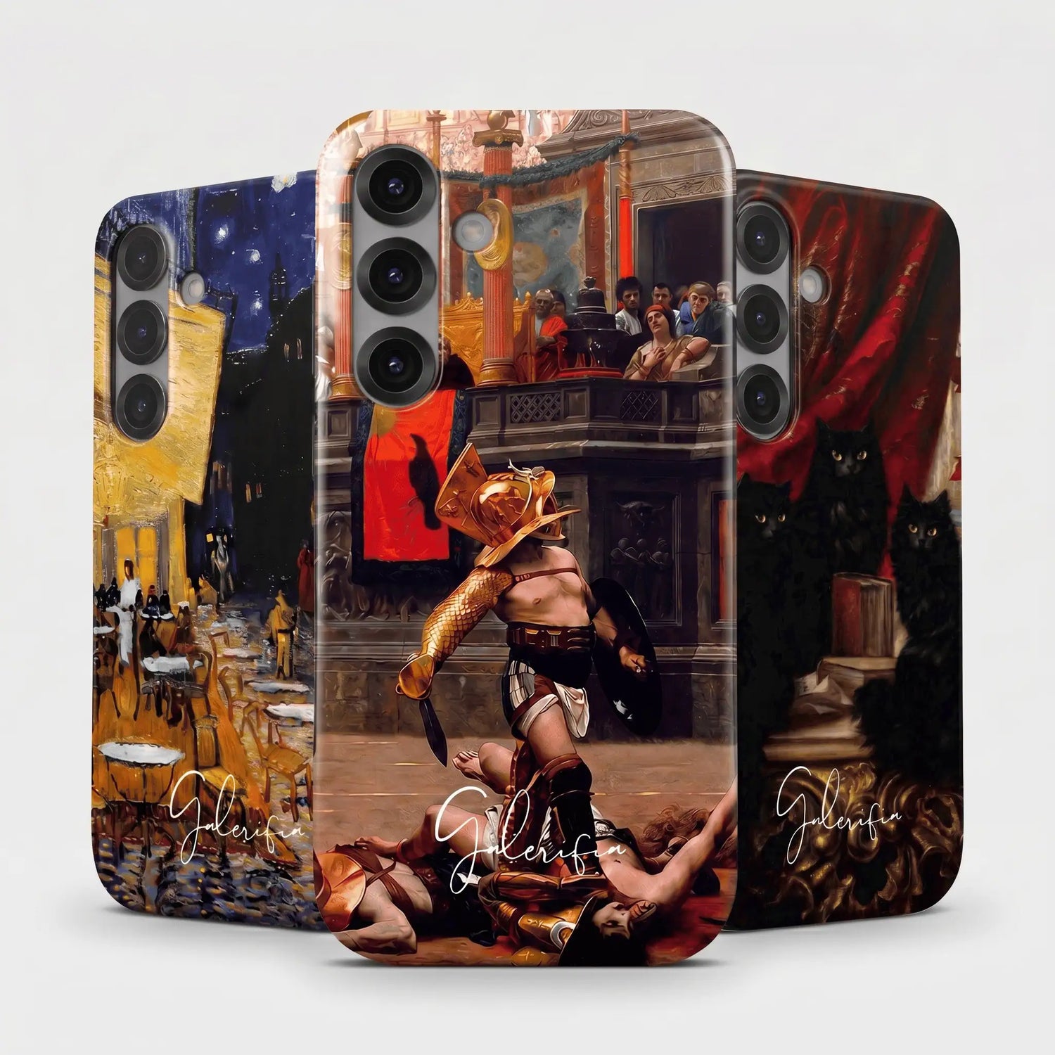 Galerifia Samsung phone cases featuring classic artworks including café terrace and renaissance painting designs