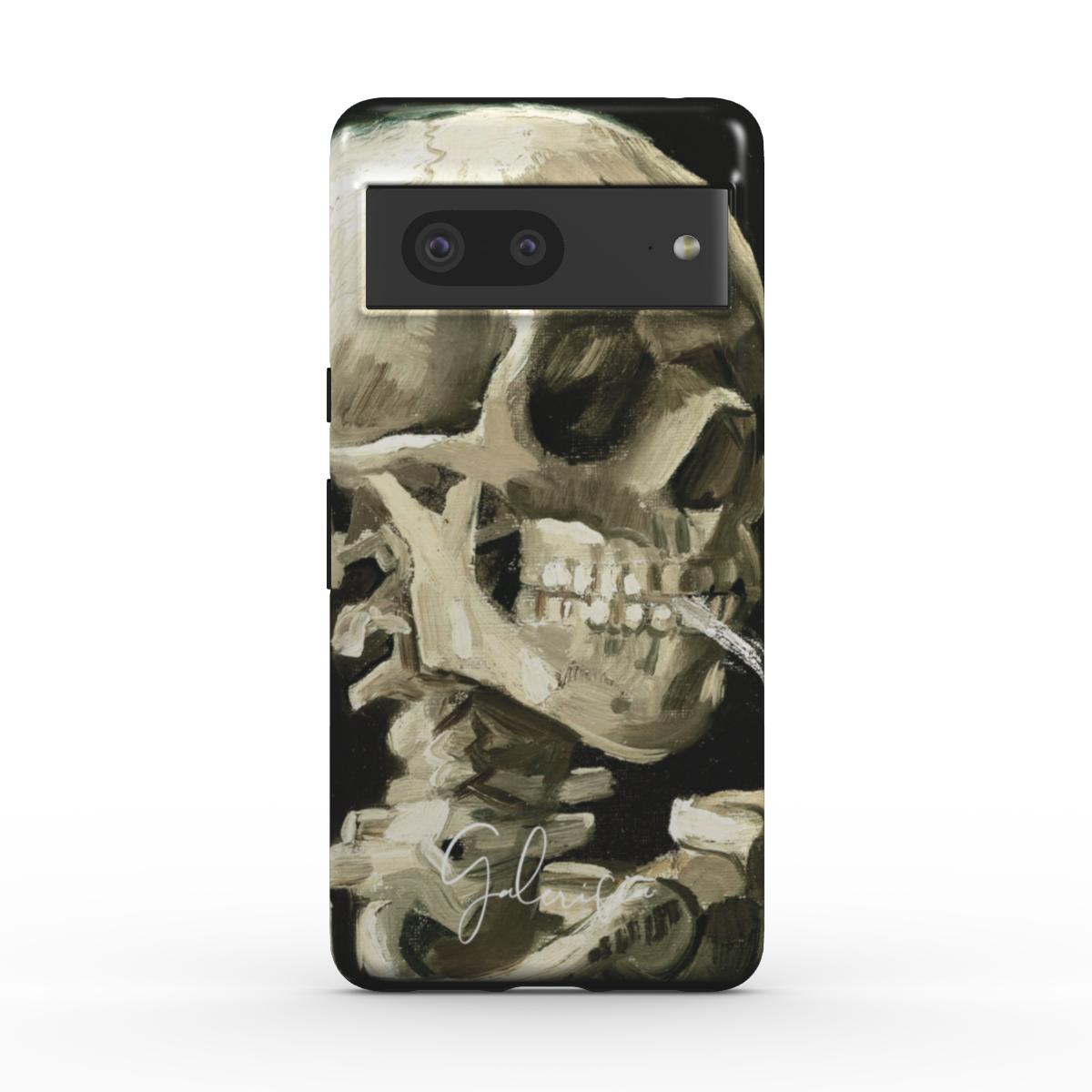 Back view of Galerifia Skull of a Skeleton with Burning Cigarette by Vincent van Gogh printed on a Google Pixel phone case