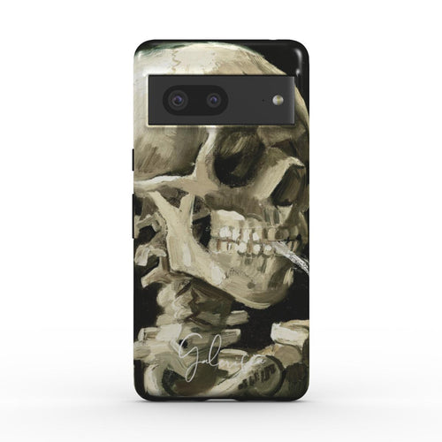 Back view of Galerifia Skull of a Skeleton with Burning Cigarette by Vincent van Gogh printed on a Google Pixel phone case
