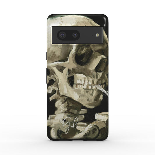 Back view of Galerifia Skull of a Skeleton with Burning Cigarette by Vincent van Gogh printed on a Google Pixel phone case