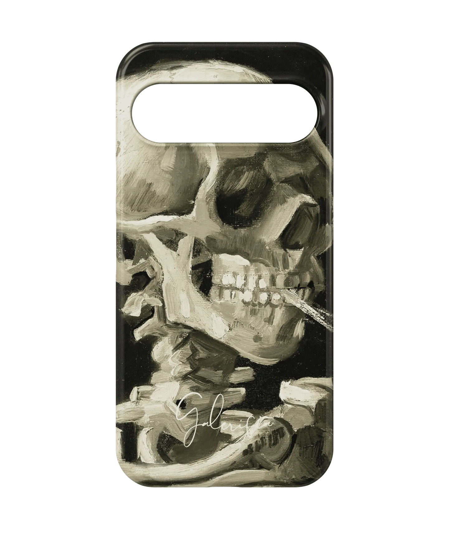 Back view of Galerifia Skull of a Skeleton with Burning Cigarette by Vincent van Gogh printed on a Google Pixel phone case