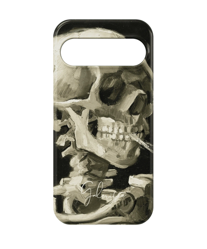 Back view of Galerifia Skull of a Skeleton with Burning Cigarette by Vincent van Gogh printed on a Google Pixel phone case
