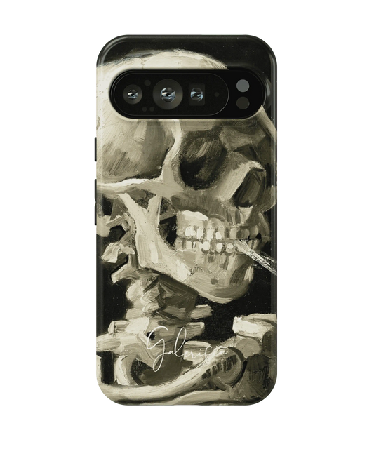 Galerifia Skull of a Skeleton with Burning Cigarette by Vincent van Gogh displayed on a Google Pixel phone case with camera cutout visible