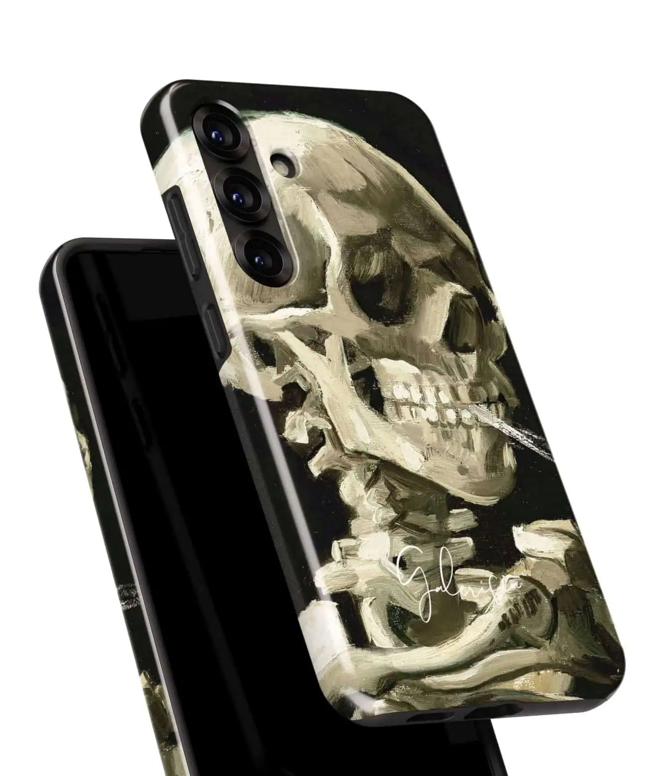 Front and back view of Galerifia Skull of a Skeleton with Burning Cigarette Vincent van Gogh Samsung Galaxy case