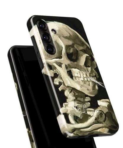 Front and back view of Galerifia Skull of a Skeleton with Burning Cigarette Vincent van Gogh Samsung Galaxy case