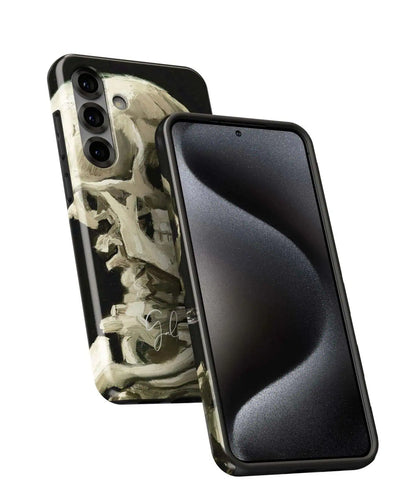 Angled view of Galerifia Skull of a Skeleton with Burning Cigarette by Vincent van Gogh on a Samsung Galaxy phone case
