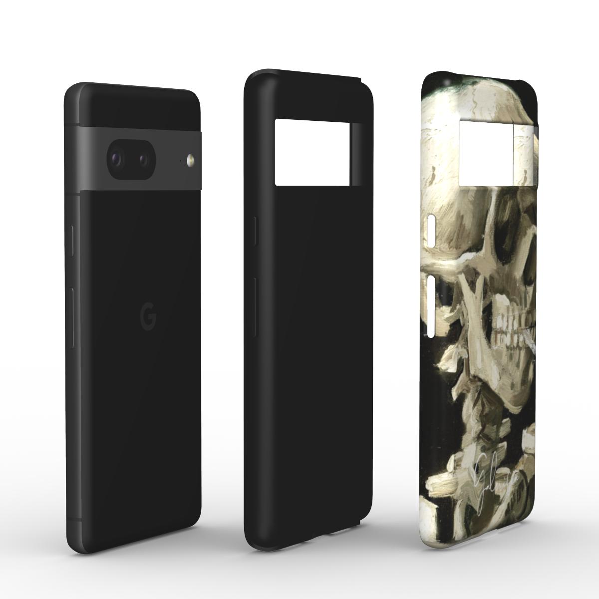 Edge detail of Galerifia art Google Pixel case featuring Skull of a Skeleton with Burning Cigarette by Vincent van Gogh
