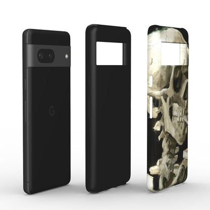 Edge detail of Galerifia art Google Pixel case featuring Skull of a Skeleton with Burning Cigarette by Vincent van Gogh