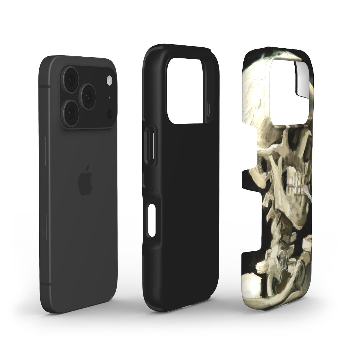 Edge detail of Galerifia art iPhone case featuring Skull of a Skeleton with Burning Cigarette by Vincent van Gogh