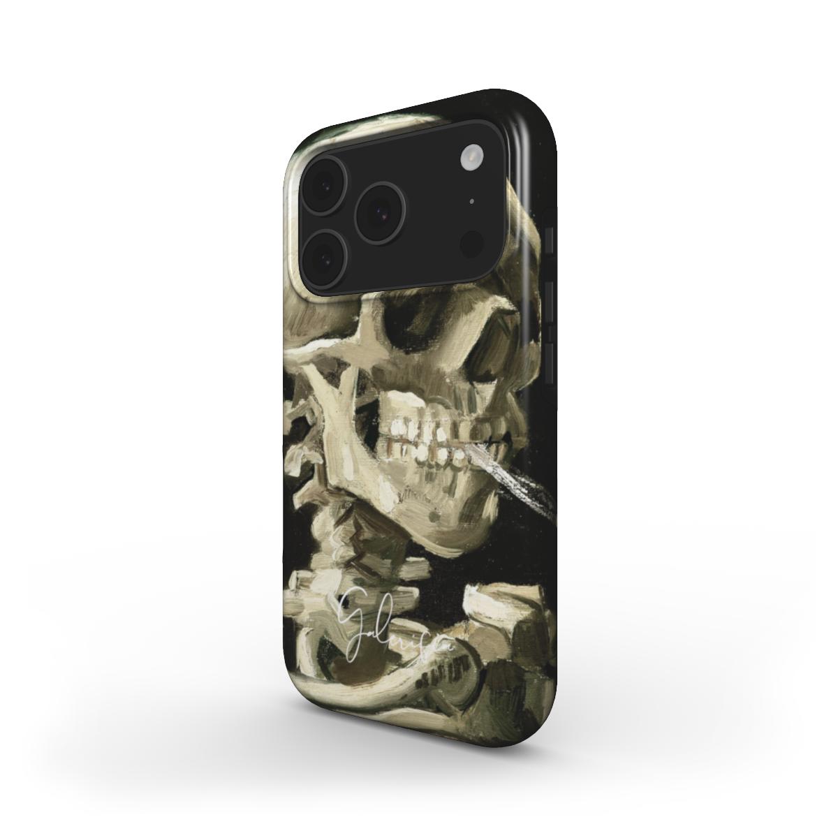 Side profile of Galerifia Skull of a Skeleton with Burning Cigarette Vincent van Gogh iPhone phone cover showing protective edges