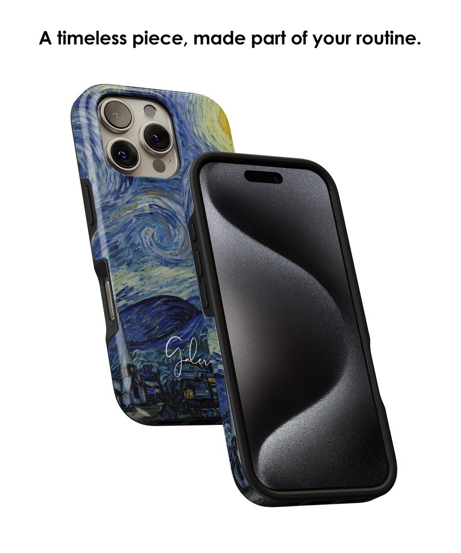 Angled view of Galerifia Starry Night by Vincent van Gogh artwork on an iPhone phone case